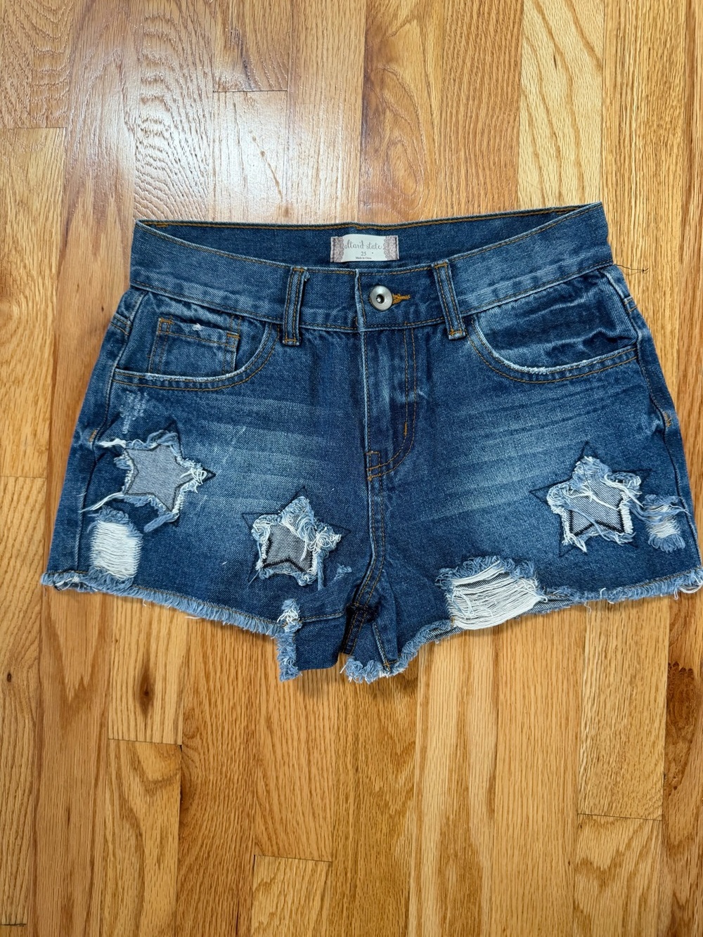 Altar'd State Distressed Star Patch Denim Shorts - Blue
